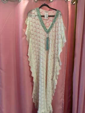 PHO White Lace Kaftan with Mint Beaded V-Neck